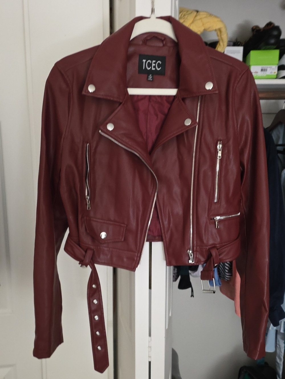 TCEC Women's Dark Red Faux Leather Moto Jacket